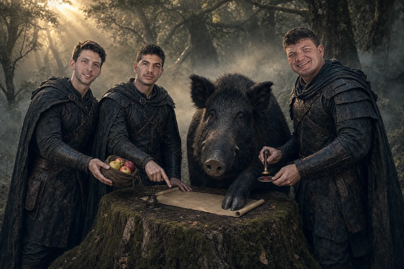 Joseph, Christopher, and Robbie Heinrich solemnly negotiate a treaty with the great boar of Blackwood.