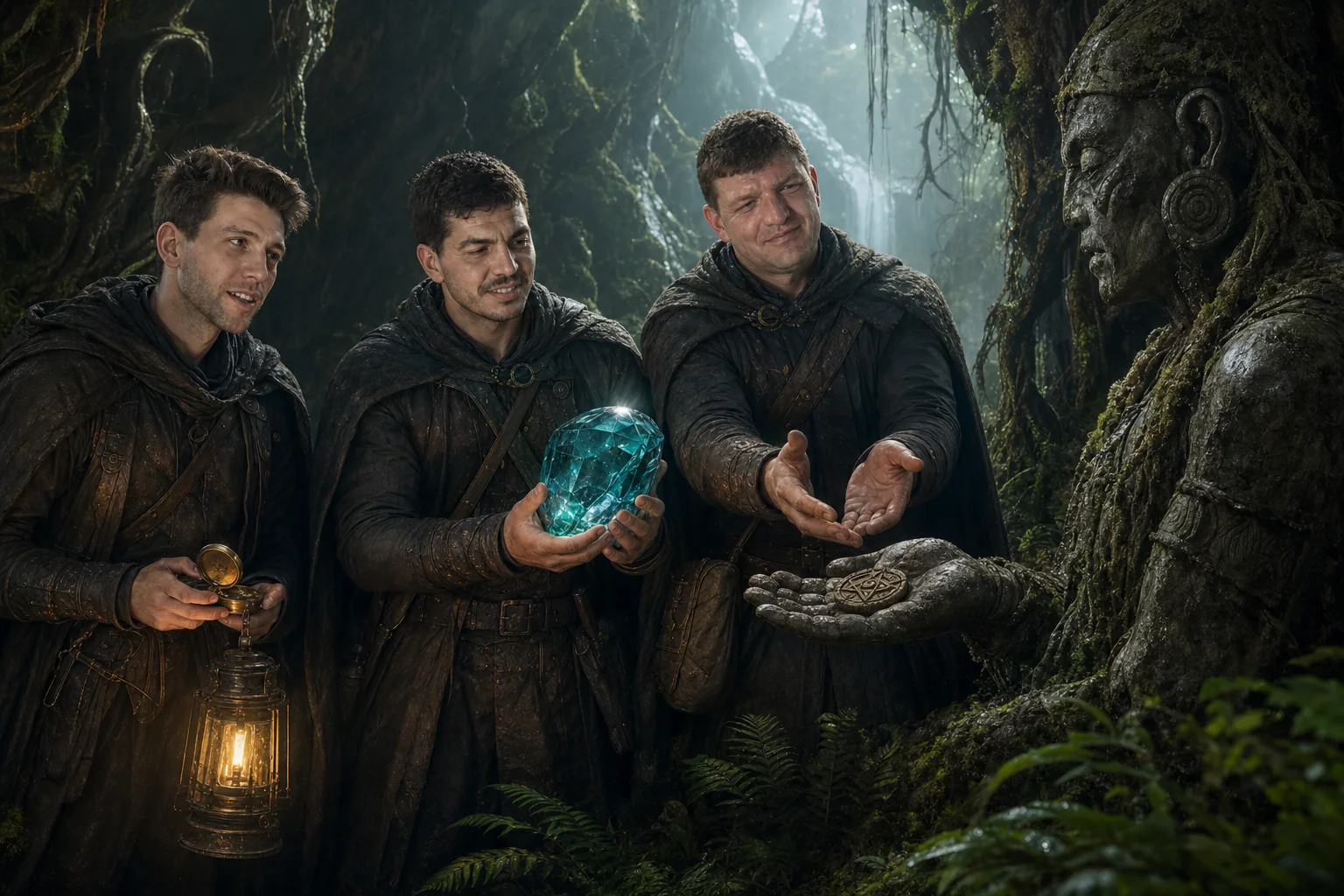 The Heinrich brothers respectfully return a luminous gem to its ancient stone keeper in a rainforest cavern.