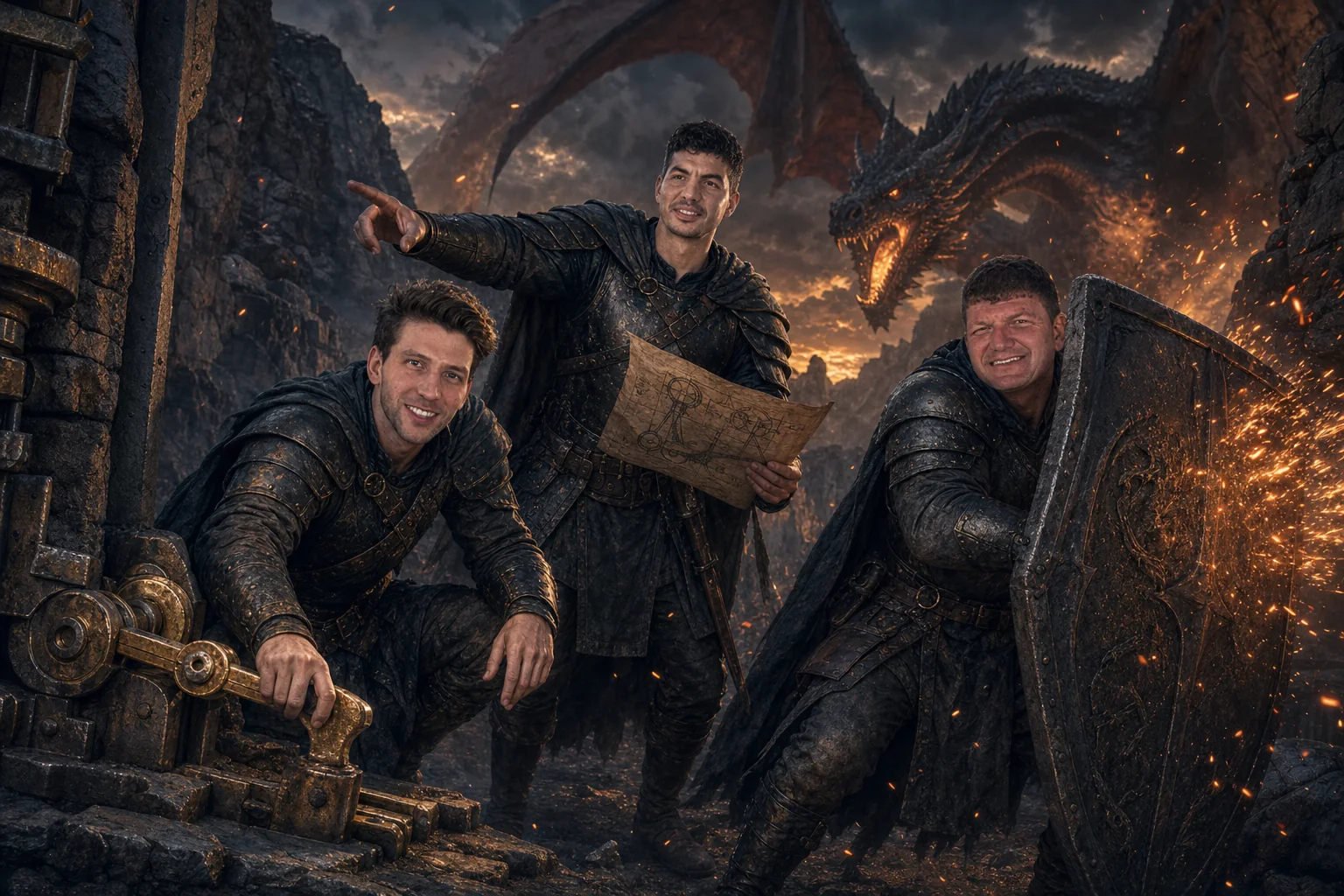 The three Heinrich brothers open an ancient mountain gate while a dragon guards Ember Pass.