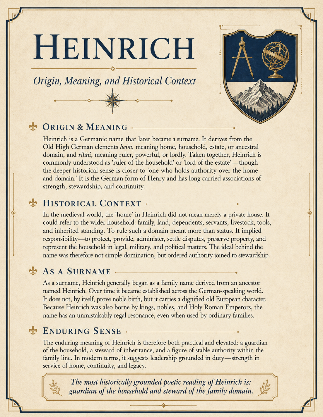 Illustrated reference sheet describing the origin and meaning of Heinrich