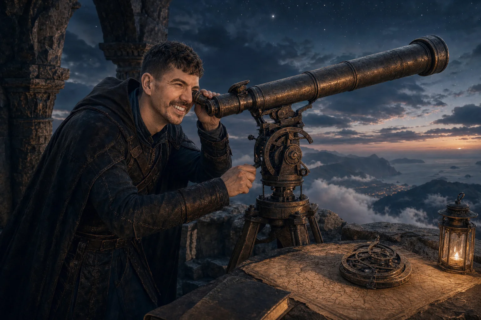 Christopher Heinrich studies the far horizon through a vast antique brass telescope.
