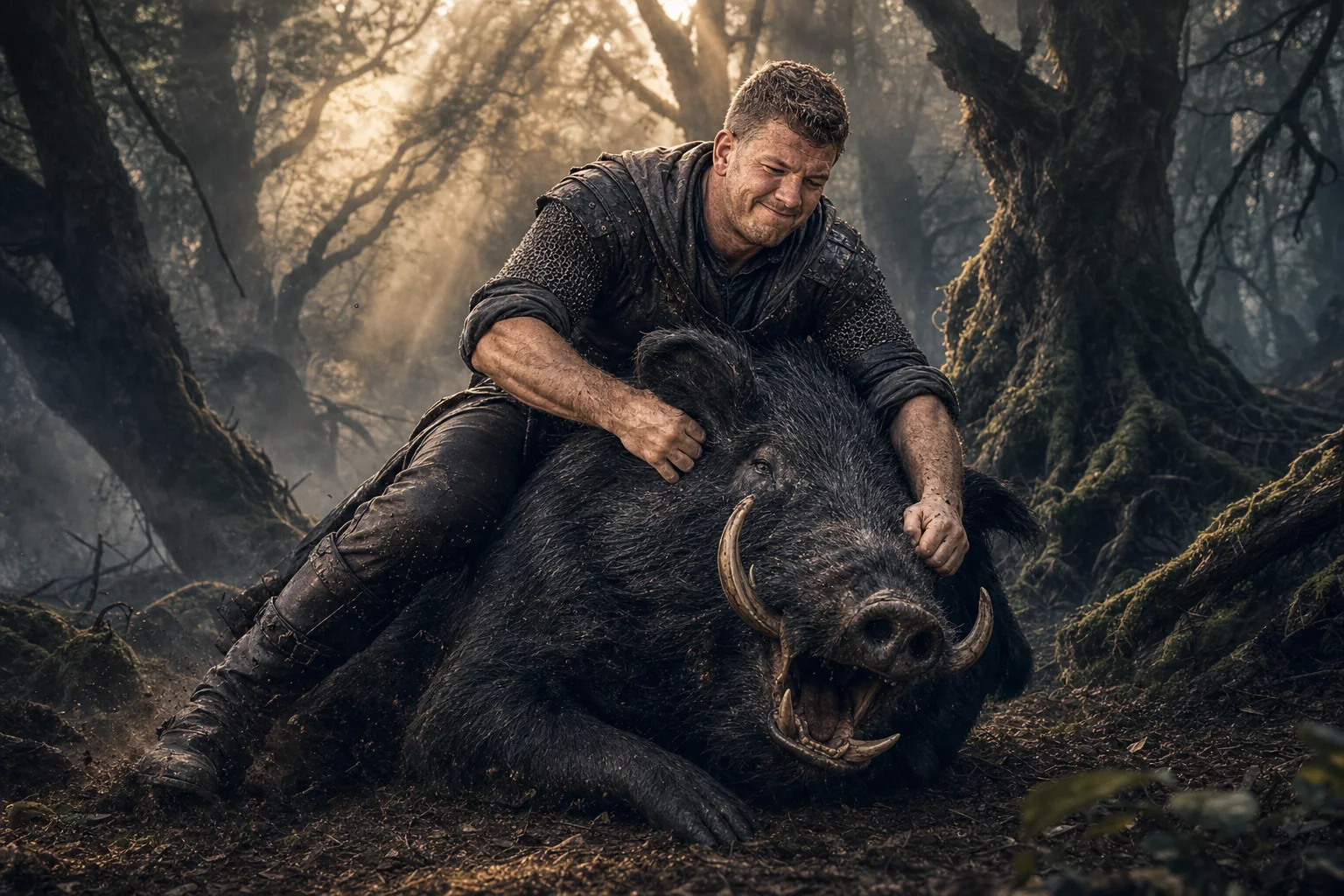 Robbie Heinrich subdues a giant wild boar barehanded in an ancient forest.
